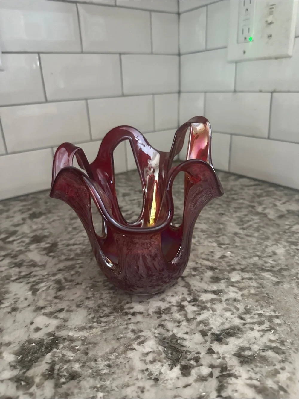 Ruffled Glass Candle Holder - Deep Red with Gold Accents